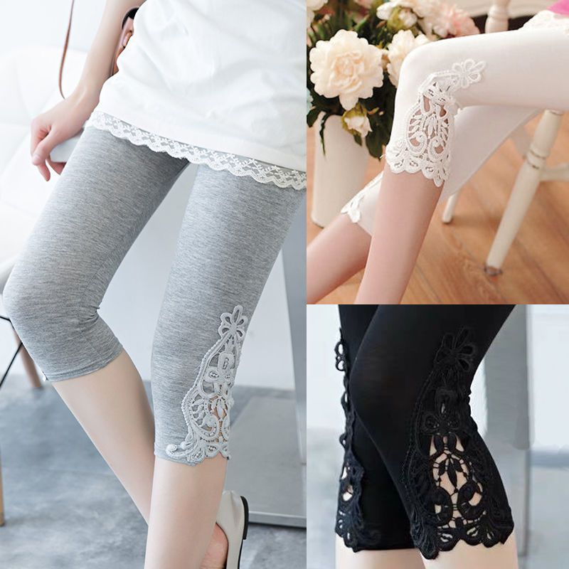 Women’s Lace Trim Stretch Leggings – Fashion Bottoming Pants by FitiqueFit