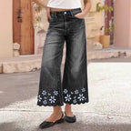 Chrysanthemum Embroidered Cropped Denim Jeans – Women's Loose Straight-Leg by FitiqueFit