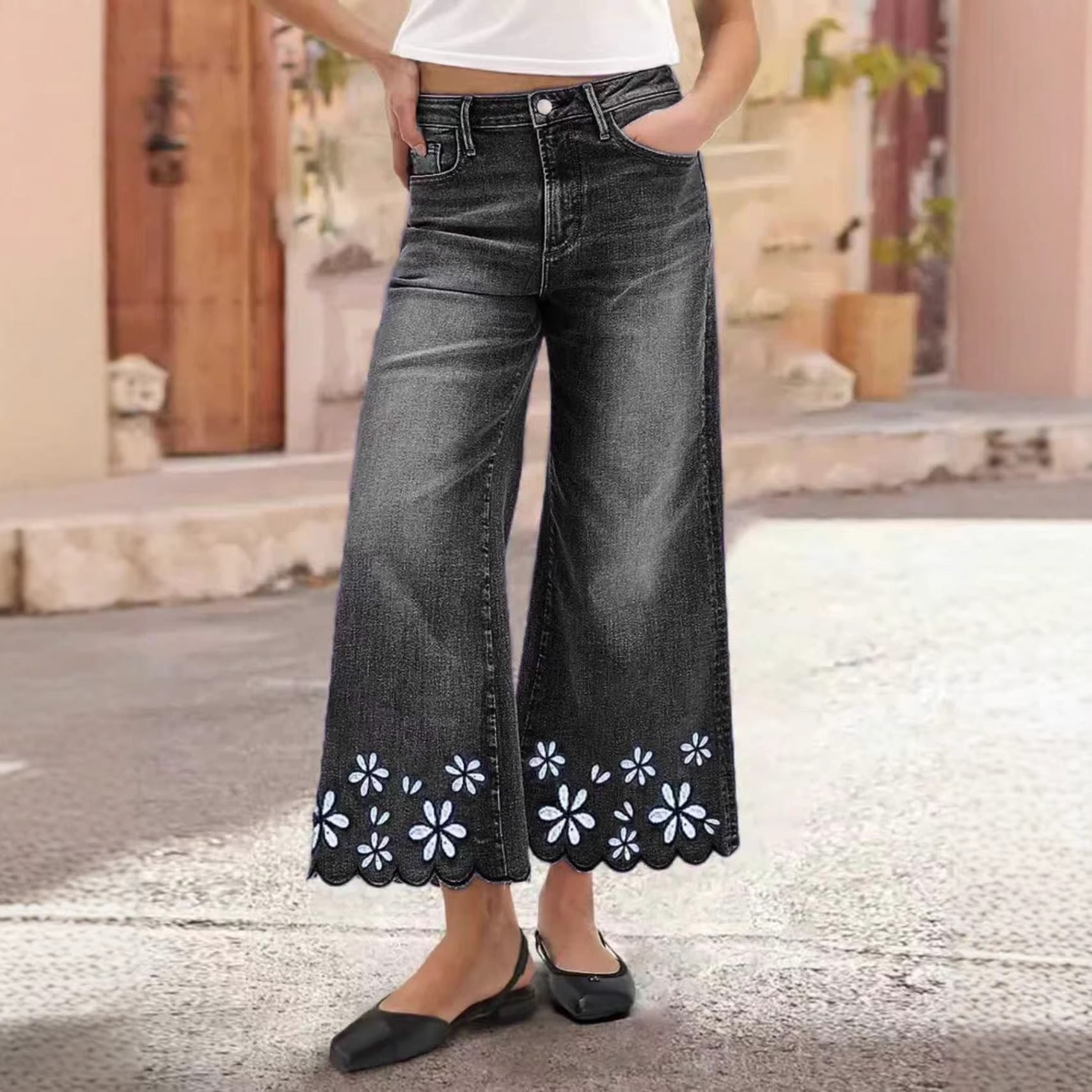 Chrysanthemum Embroidered Cropped Denim Jeans – Women's Loose Straight-Leg by FitiqueFit