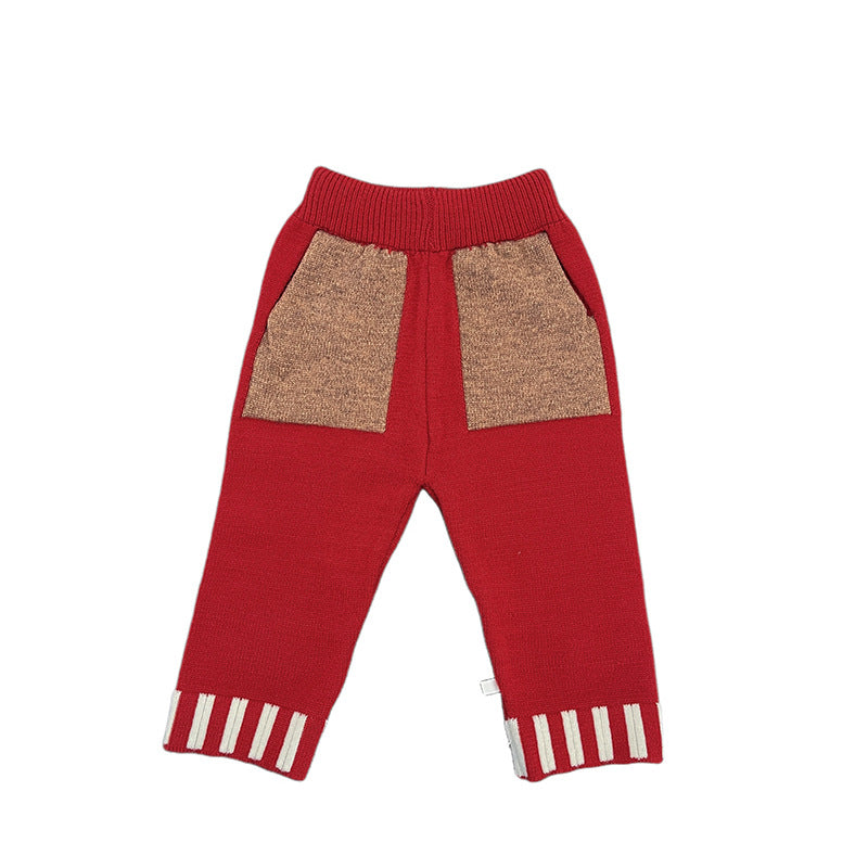 Knitted Contrasting-Color Red Sweater Pants And Hat New Year Three-Piece Set by Baby Joy