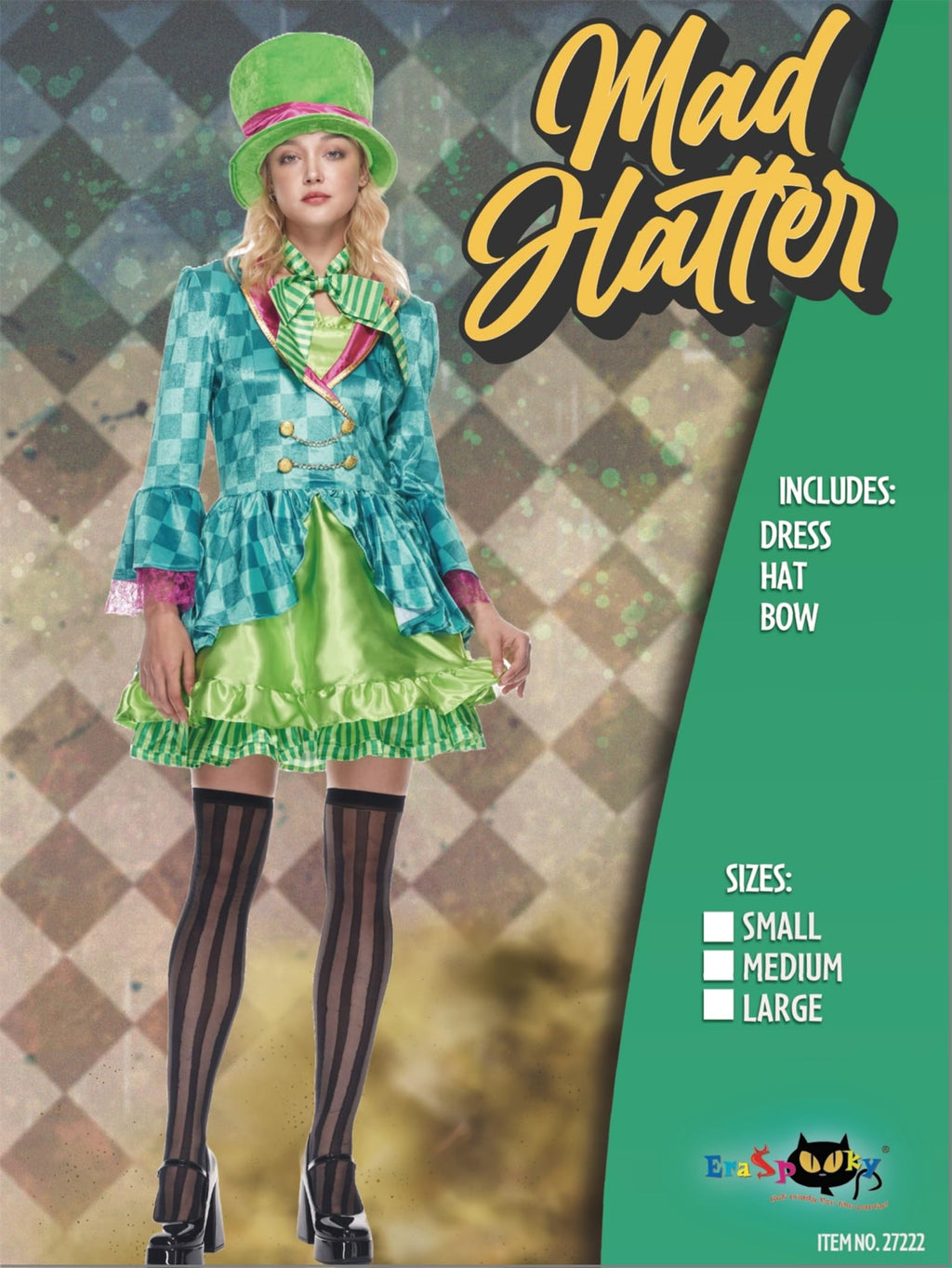 Women's Mad Hatter Costume - Green Dress with Top Hat and Bow Tie by Lady Ros