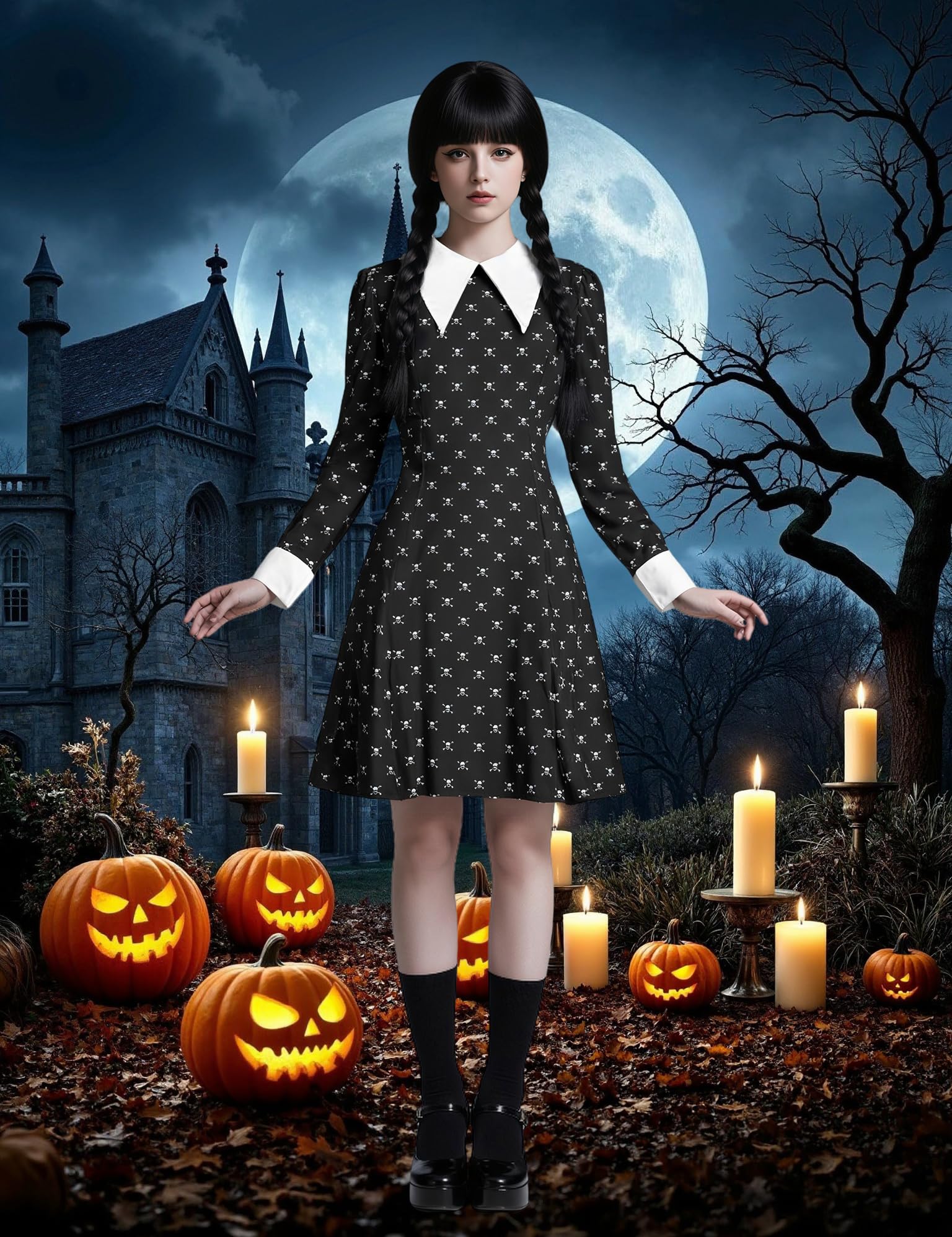 Black Dress Halloween Costume - Women's Complete Outfit with Wig and Accessories by Lady Ros