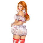Model in 6 PC Deadly Darling Clown Costume: lace bandeau top, puff sleeves, bloomers, neck ruffle, pom pom hair ties.