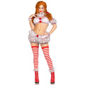 Deadly Darling Clown Costume: lace bandeau, puff sleeves, pom-poms, ruffles, hair ties, striped stockings, red boots.