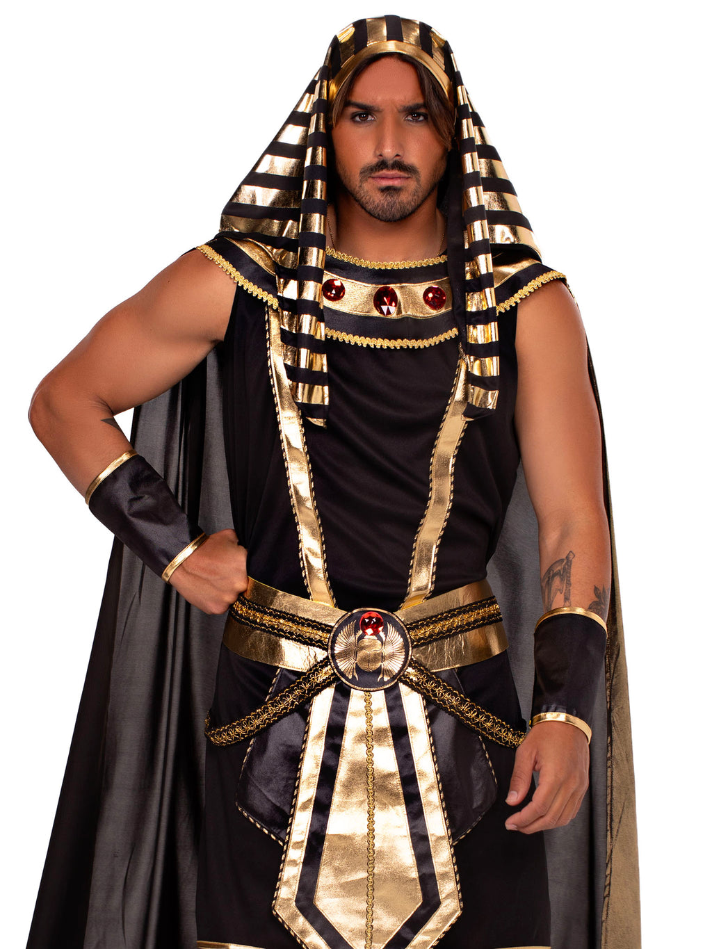 Man wearing Men's 6 PC Pharaoh Costume with striped headpiece, jeweled collar, cape, belt, cuffs, and leg guards.
