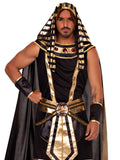 Man wearing Men's 6 PC Pharaoh Costume with striped headpiece, jeweled collar, cape, belt, cuffs, and leg guards.