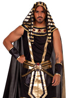 Man wearing Men's 6 PC Pharaoh Costume with striped headpiece, jeweled collar, cape, belt, cuffs, and leg guards.