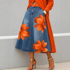 Women's Floral Print A-Line Midi Skirt – Denim-Style Boho Skirt
