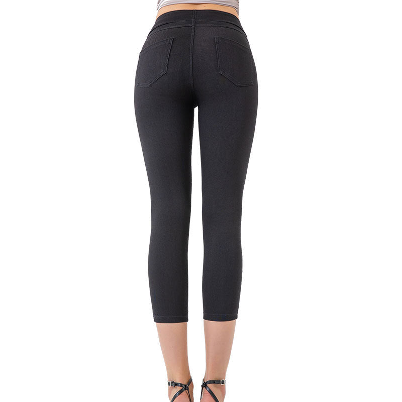 Denim-Look Capri Yoga Pants – Slim Fit High-Elastic Tummy Control Fitness Pants by FitiqueFit
