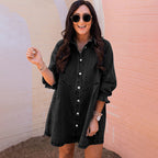 Women's Three-Quarter Sleeve Denim Dress – Ruffle Detail Mid-Length by FitiqueFit