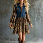 Women's Denim-Look Chiffon Patchwork Long Sleeve Maxi Dress
