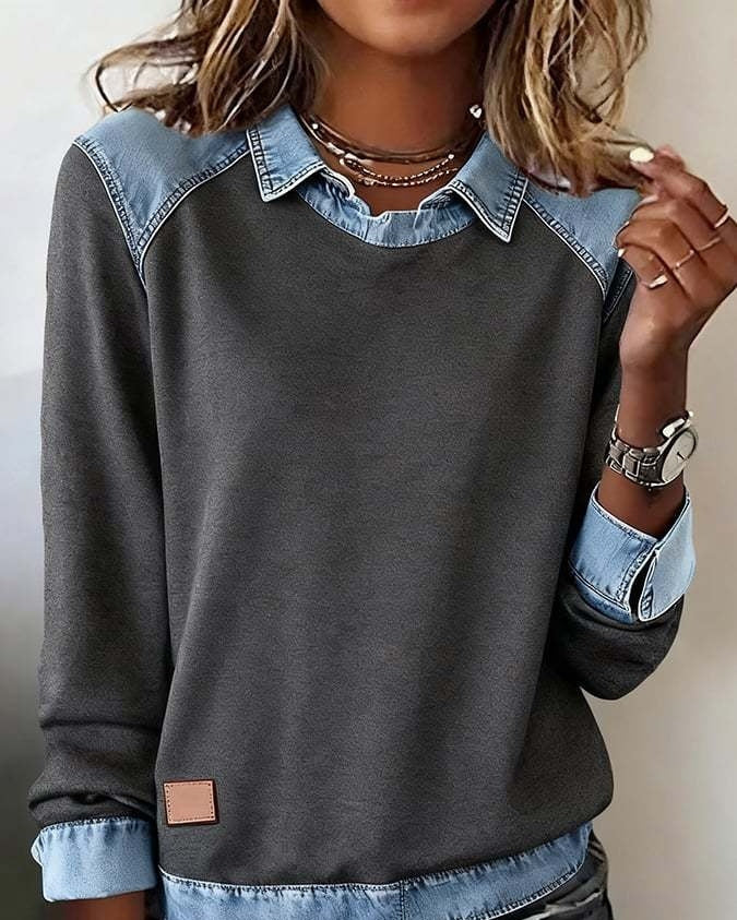 Denim Collar Patchwork Pullover Knitwear Top – Women’s Street Style by FitiqueFit