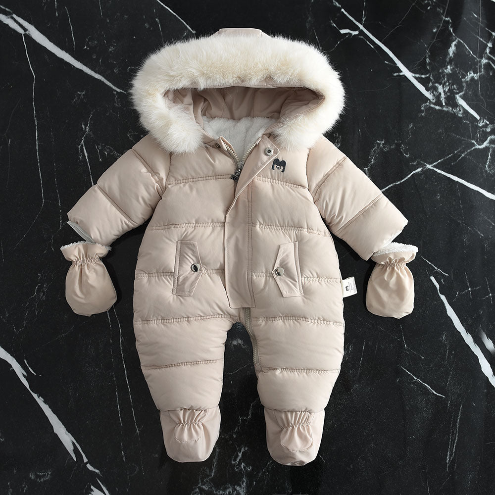 Fleece-lined Thick Large Fur Hooded Baby Jumpsuit by Baby Joy