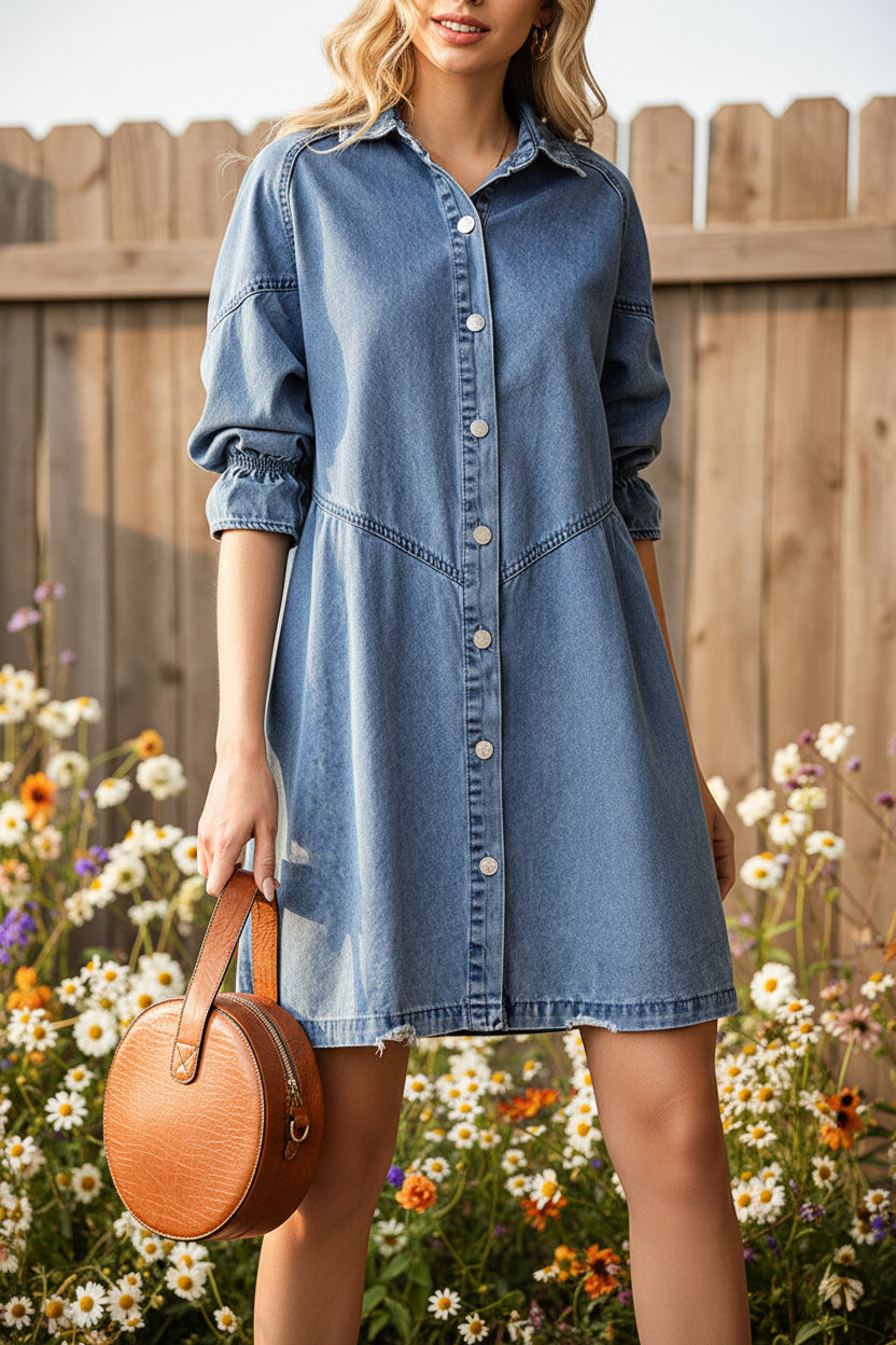 Women's Three-Quarter Sleeve Denim Dress – Ruffle Detail Mid-Length by FitiqueFit
