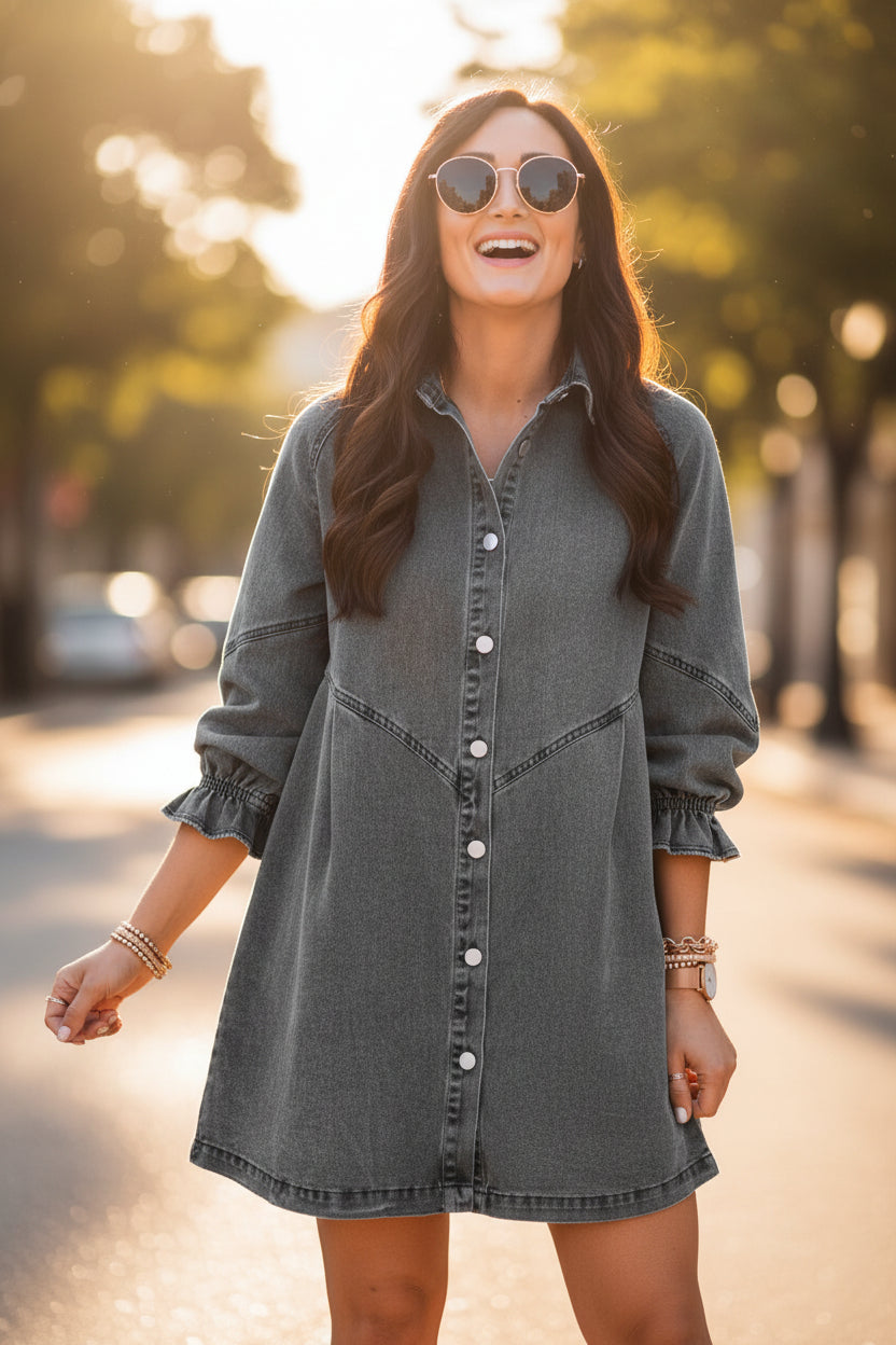 Women's Three-Quarter Sleeve Denim Dress – Ruffle Detail Mid-Length by FitiqueFit
