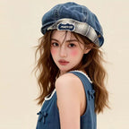 Double-Brim Turned-Up Denim Beret – Breathable Cotton Hat for Women by FitiqueFit