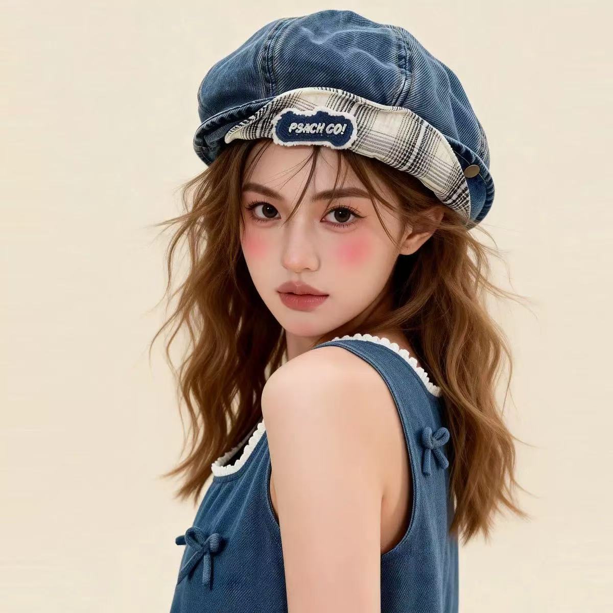 Double-Brim Turned-Up Denim Beret – Breathable Cotton Hat for Women by FitiqueFit
