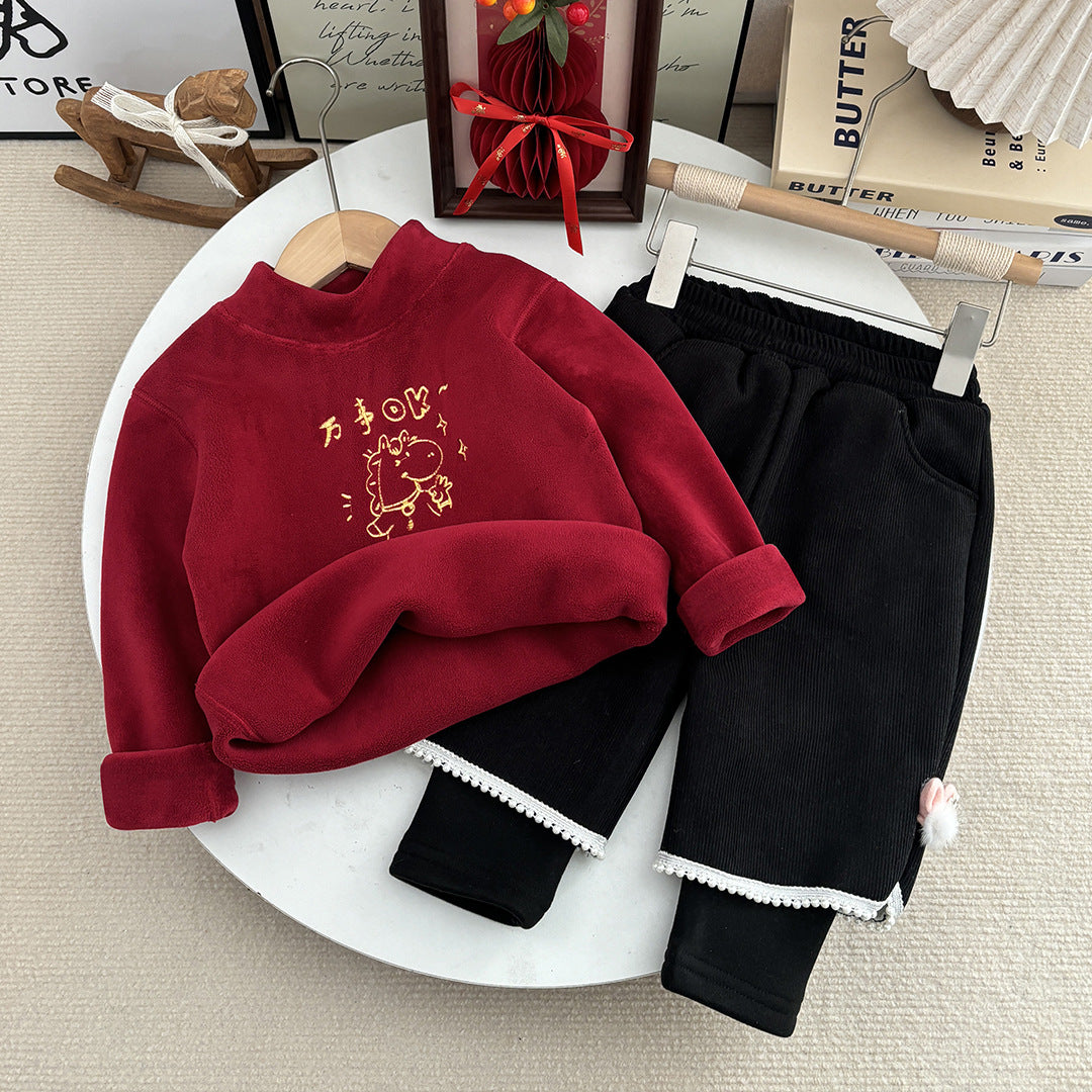Sweatshirt Set Winter Fleece-Lined Thickened One-Piece Fleece Baby Korean-Style Fake Two-Piece Pants Set by Baby Joy