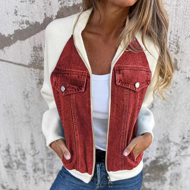 Women's Denim Patchwork Zip-Up Jacket by FitiqueFit