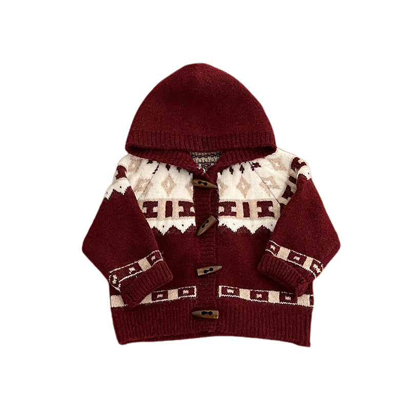 Retro Red Thickened Hooded Knitted Cardigan by Baby Joy