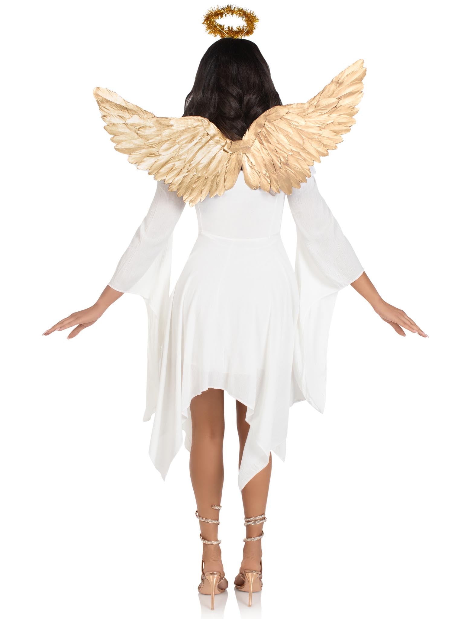 2 PC Metallic Angel Costume Kit: gold angel wings and tinsel halo headband, back view.
