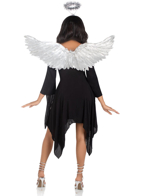 Back view of a person in a black dress wearing silver angel wings and a tinsel halo headband.