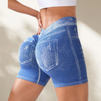 Seamless Denim-Look Yoga Shorts – Back V-Waist Hip-Lifting by FitiqueFit
