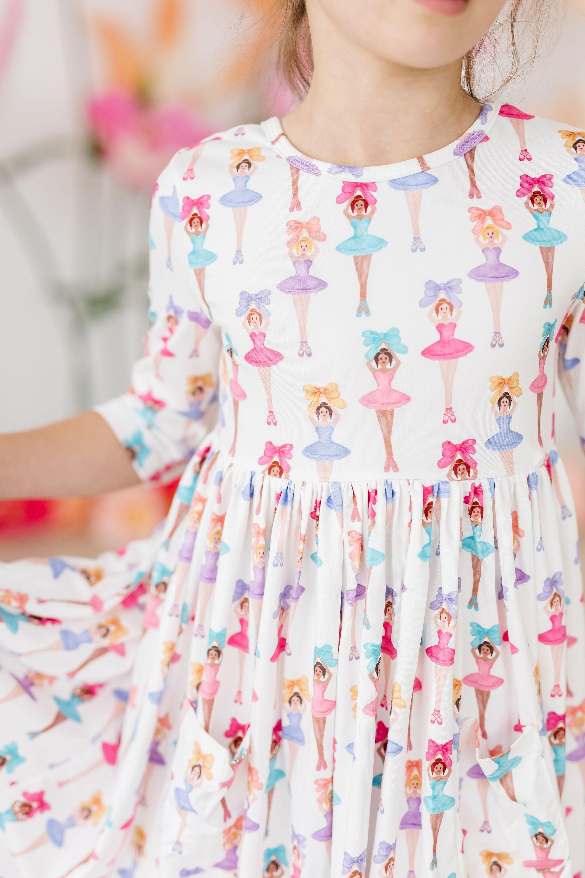 Ballerina Bows 3/4 Sleeve Pocket Twirl Dress by Mila & Rose ®