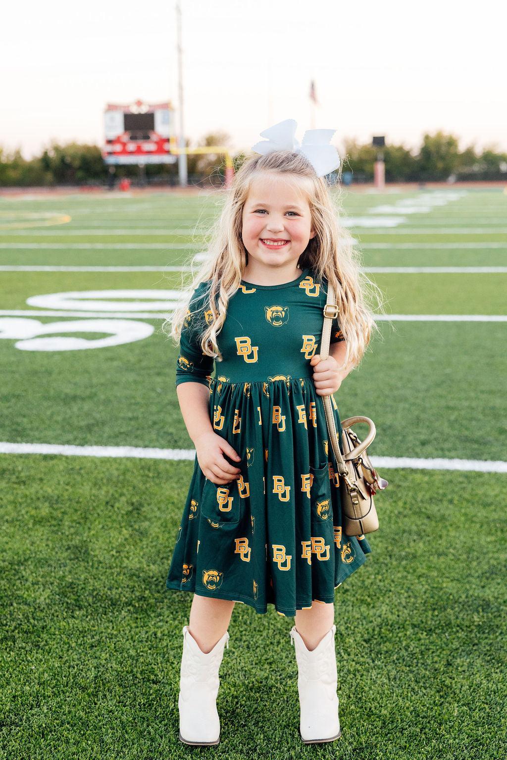 Baylor Green Bear 3/4 Sleeve Pocket Twirl Dress by Mila & Rose ®