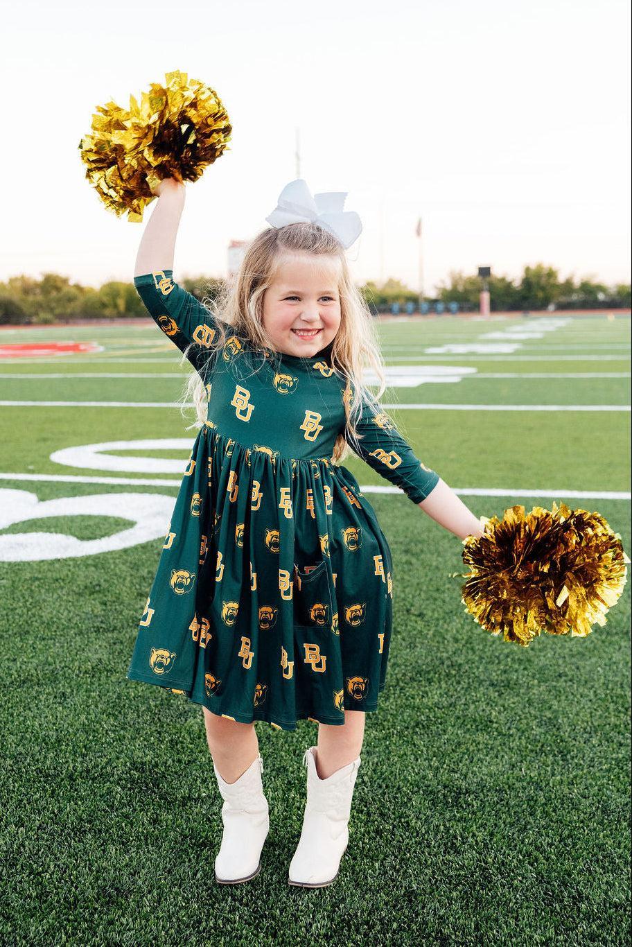 Baylor Green Bear 3/4 Sleeve Pocket Twirl Dress by Mila & Rose ®