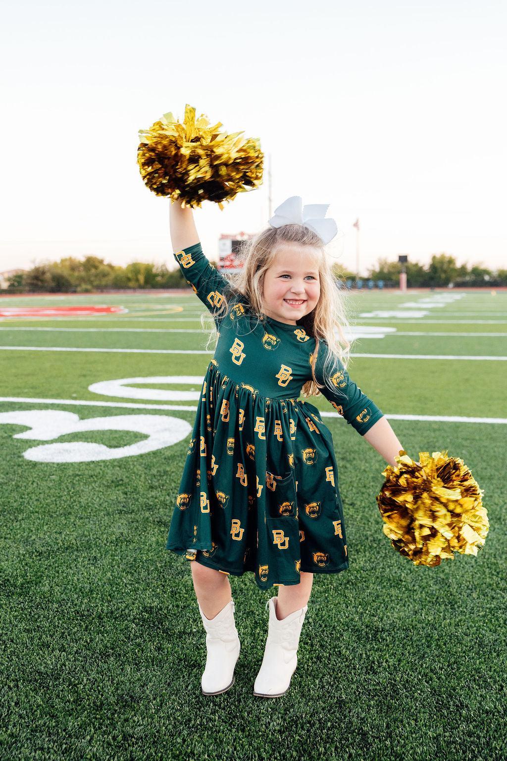 Baylor Green Bear 3/4 Sleeve Pocket Twirl Dress by Mila & Rose ®