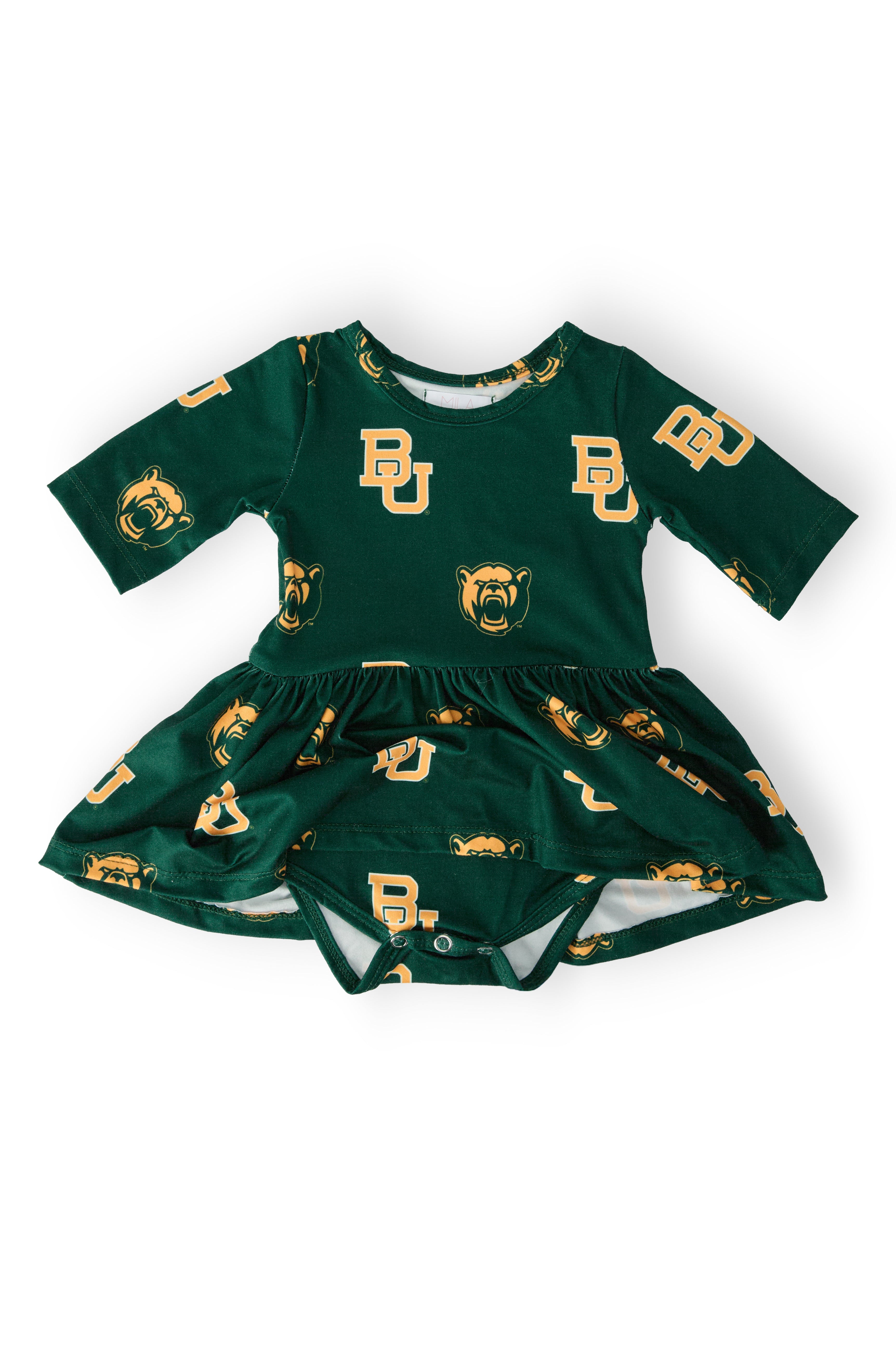 Baylor Green Bear 3/4 Sleeve Twirl Bodysuit by Mila & Rose ®