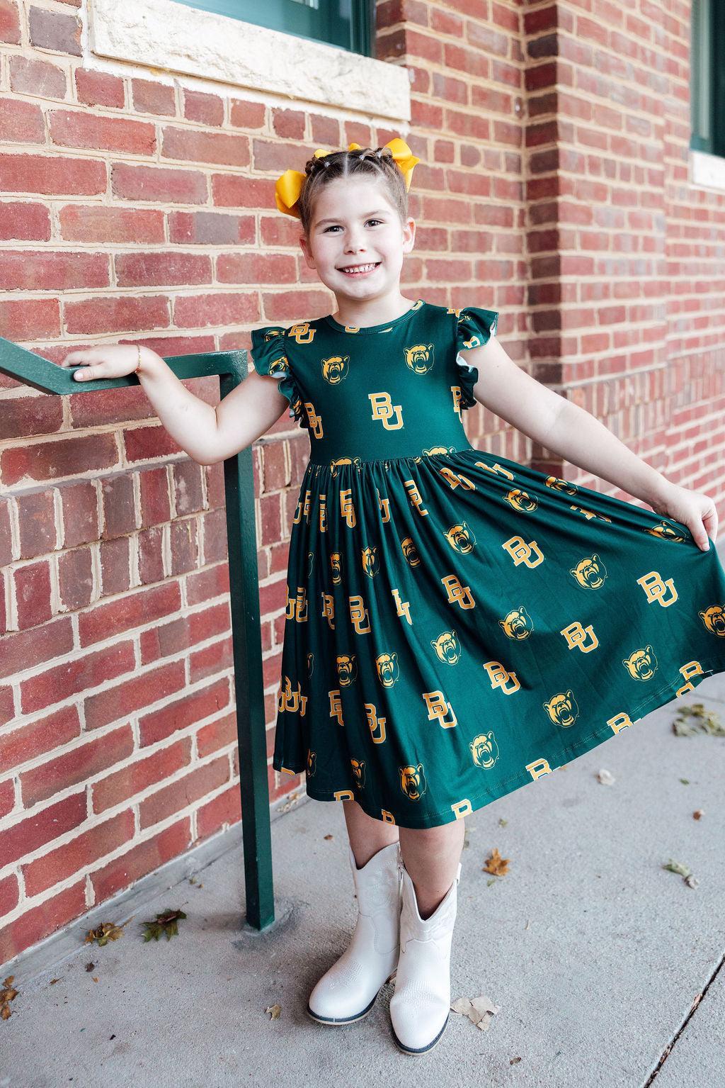 Baylor Green Bear Flutter Twirl Dress by Mila & Rose ®