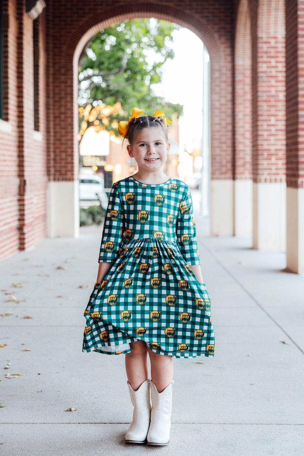 Baylor Plaid Bear 3/4 Sleeve Pocket Twirl Dress by Mila & Rose ®