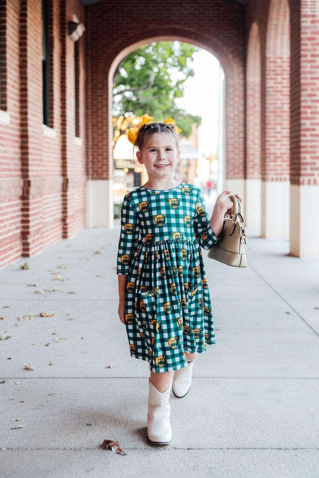 Baylor Plaid Bear 3/4 Sleeve Pocket Twirl Dress by Mila & Rose ®