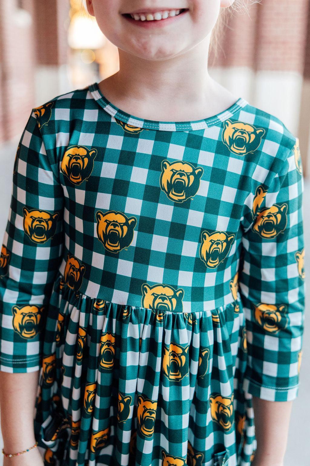 Baylor Plaid Bear 3/4 Sleeve Pocket Twirl Dress by Mila & Rose ®