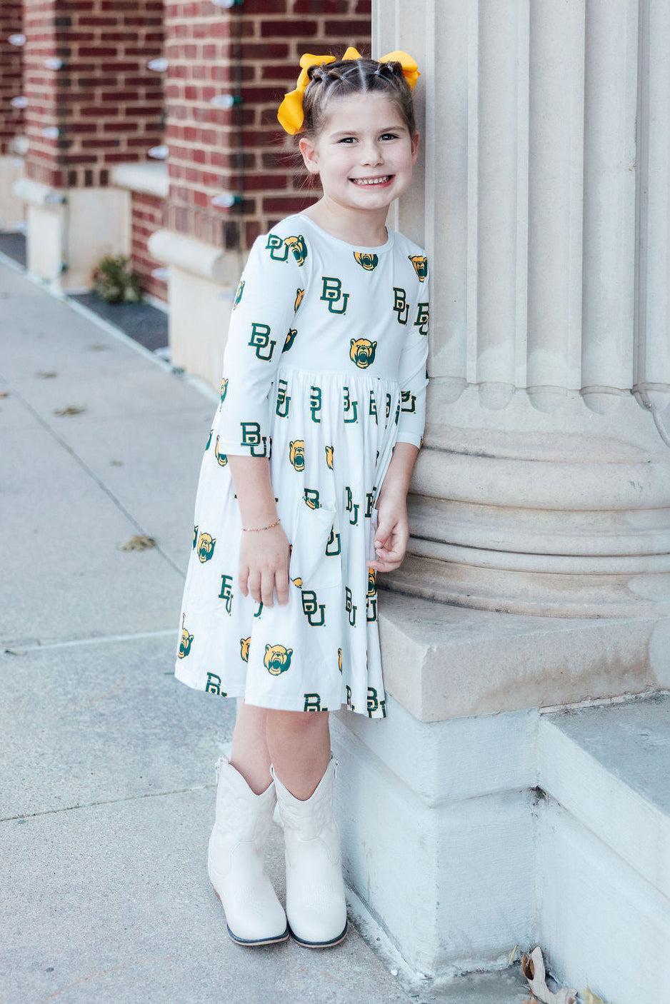 Baylor White Bear 3/4 Sleeve Pocket Twirl Dress by Mila & Rose ®