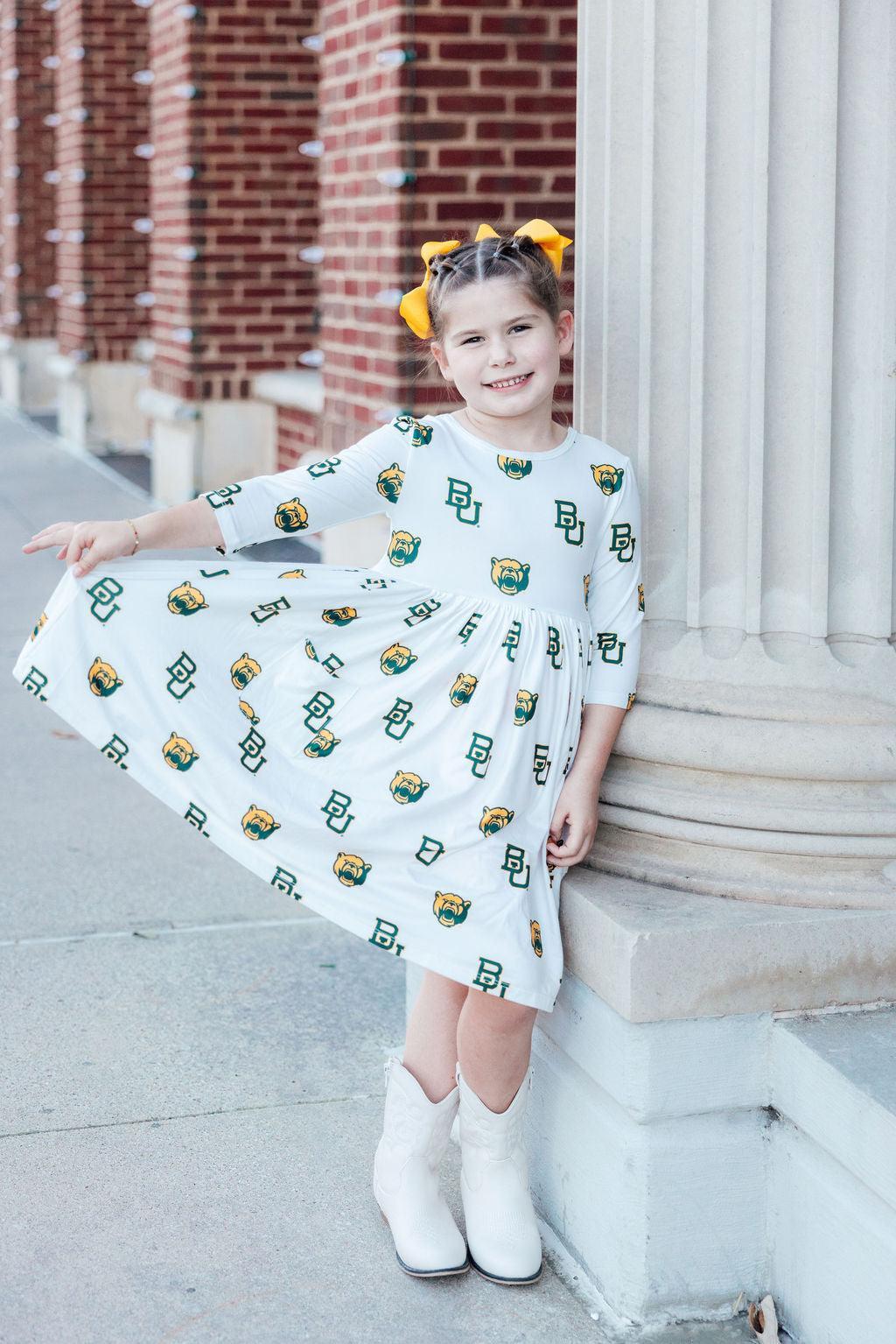 Baylor White Bear 3/4 Sleeve Pocket Twirl Dress by Mila & Rose ®