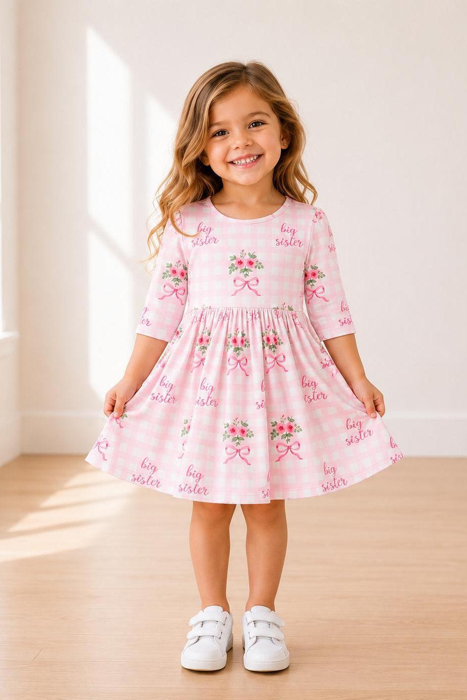 Big Sister Floral 3/4 Sleeve Pocket Twirl Dress by Mila & Rose ®