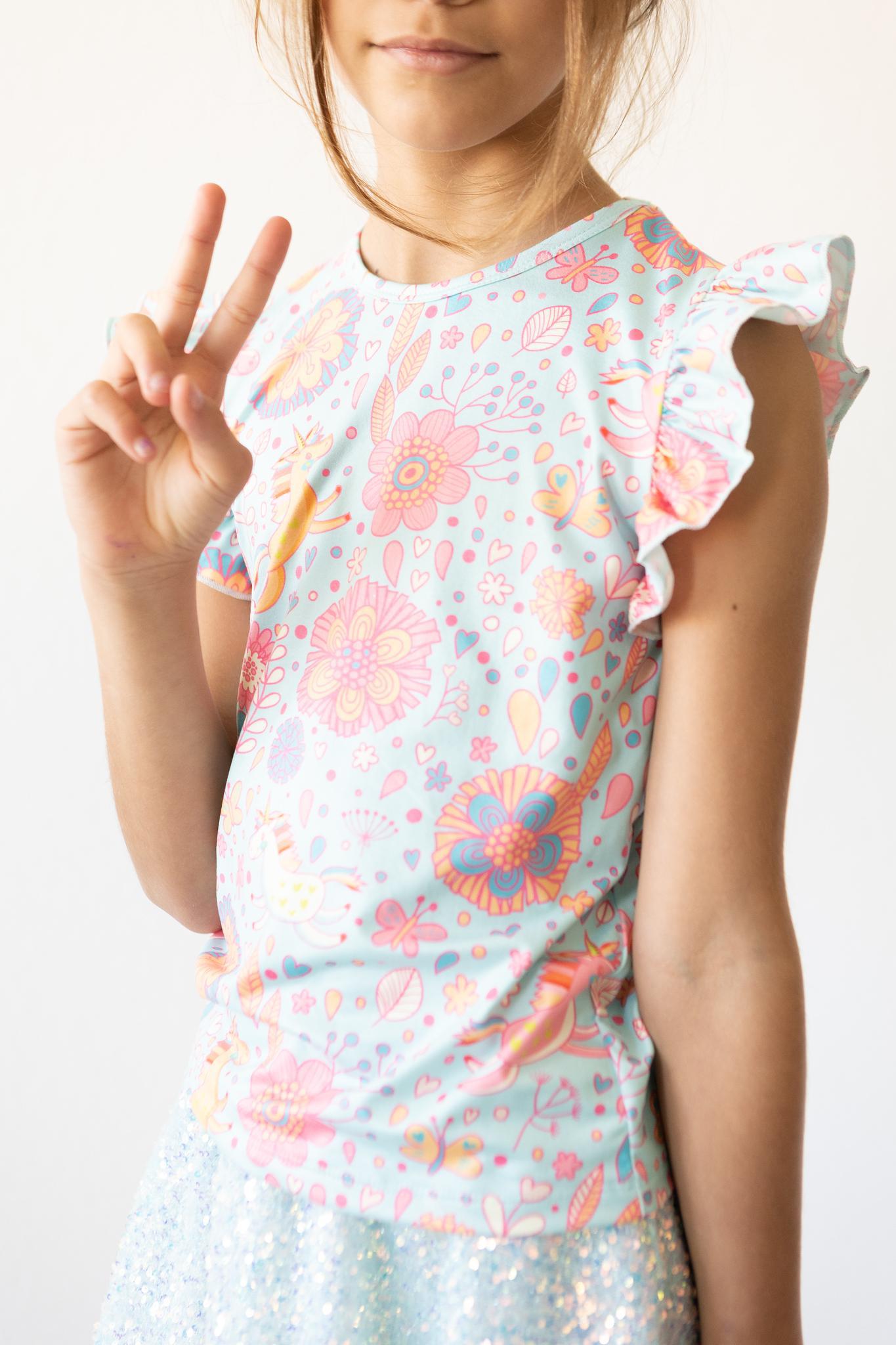 SALE Blue Retro Unicorns S/S Ruffle Tee by Mila & Rose ®