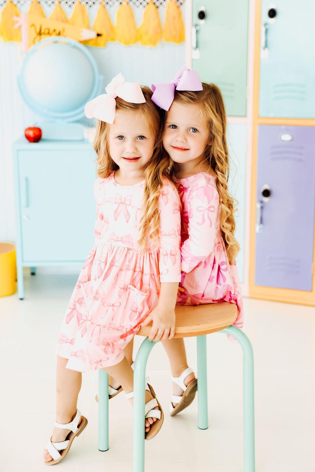 Blushing Bows 3/4 Sleeve Pocket Twirl Dress by Mila & Rose ®