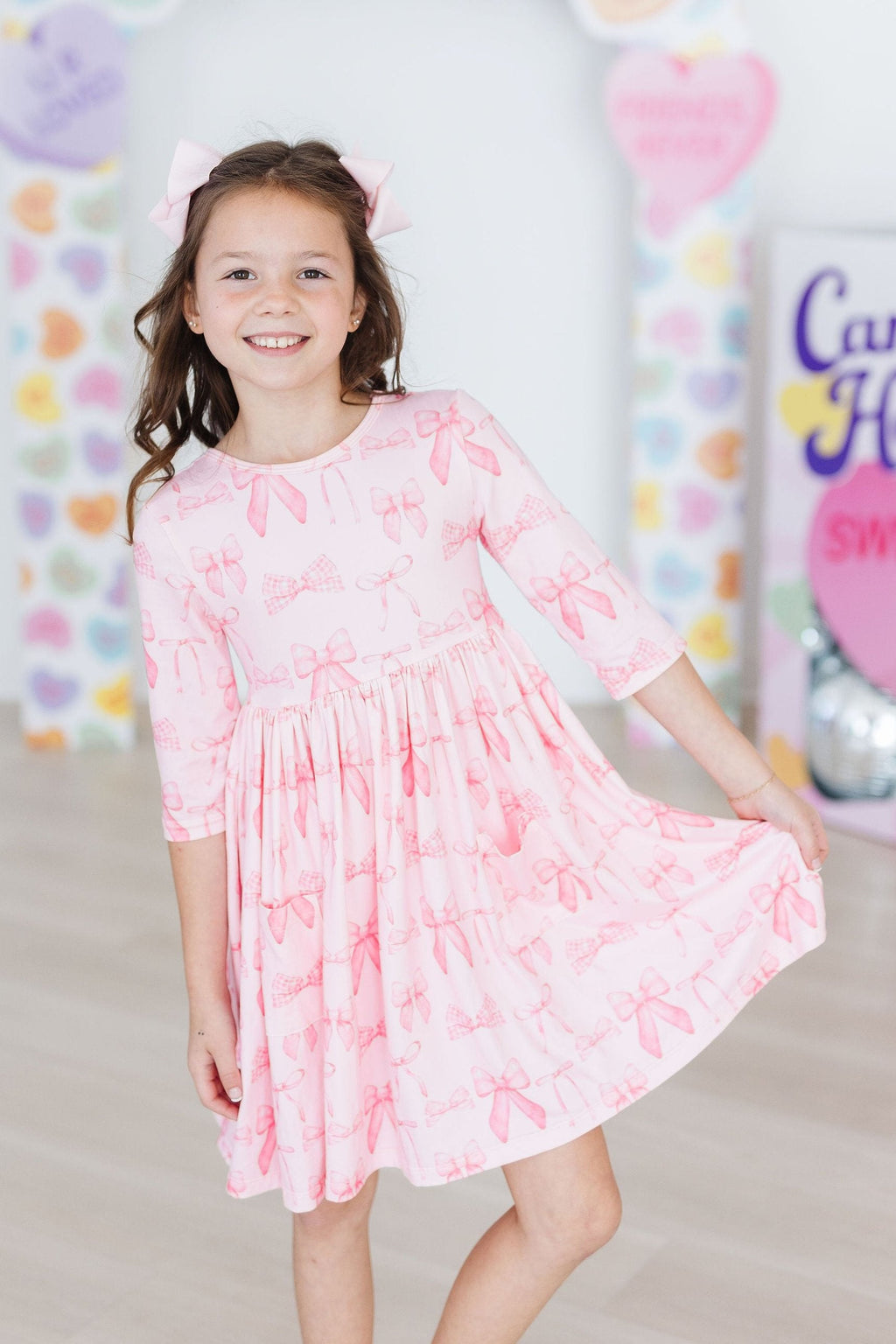 Blushing Bows 3/4 Sleeve Pocket Twirl Dress by Mila & Rose ®