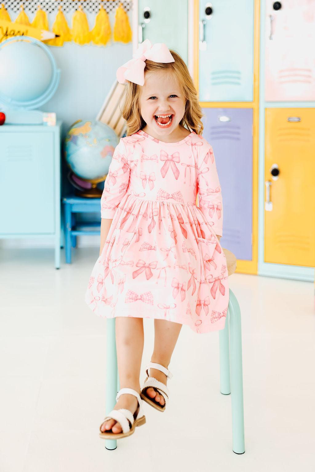 Blushing Bows 3/4 Sleeve Pocket Twirl Dress by Mila & Rose ®