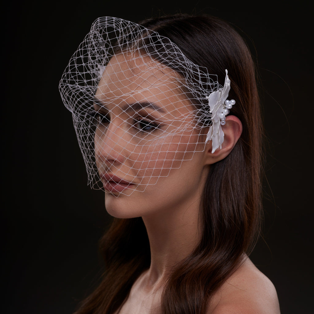 Bridal Birdcage Veil with Pearl & Leaf Side Comb by Bridal Port