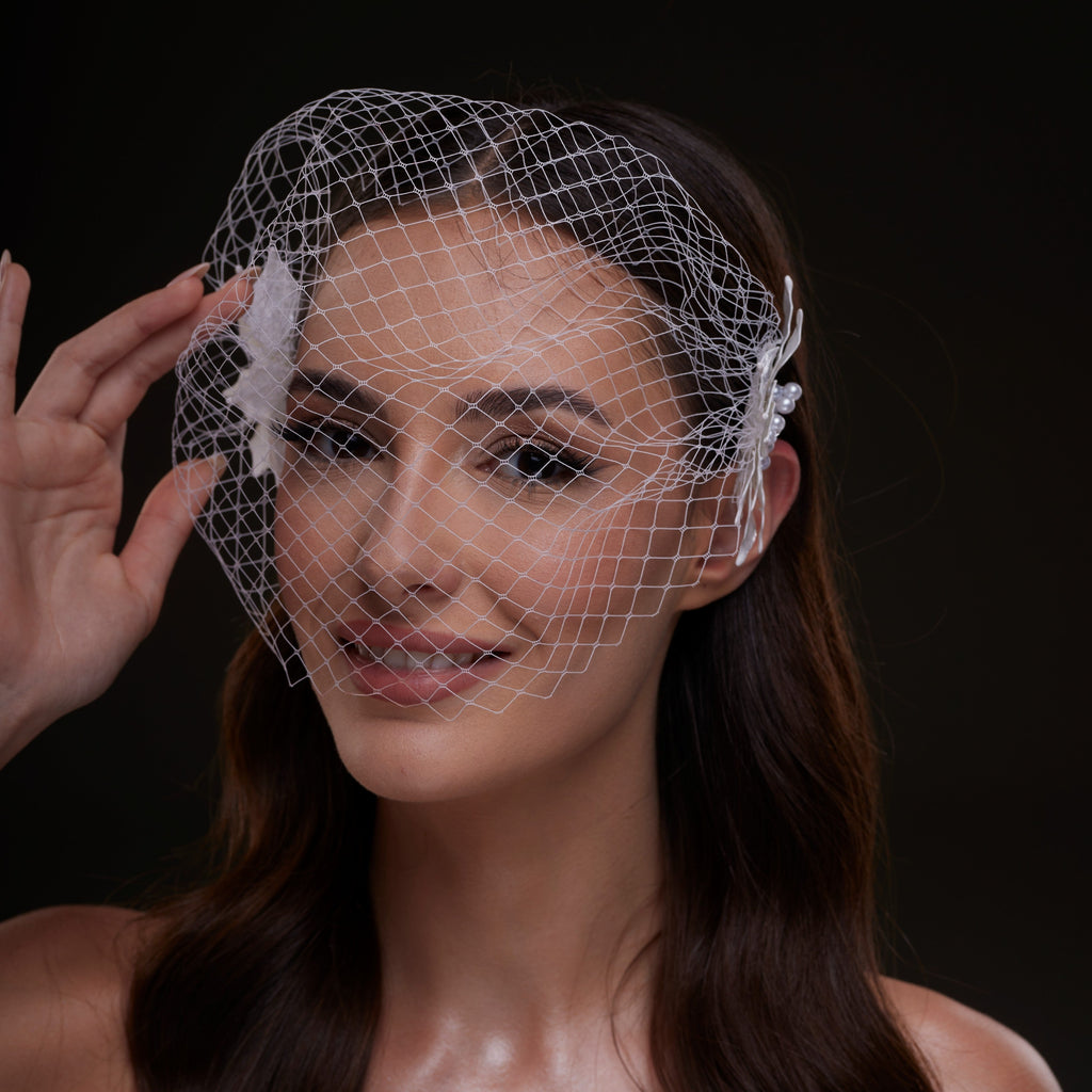 Bridal Birdcage Veil with Pearl & Leaf Side Comb by Bridal Port