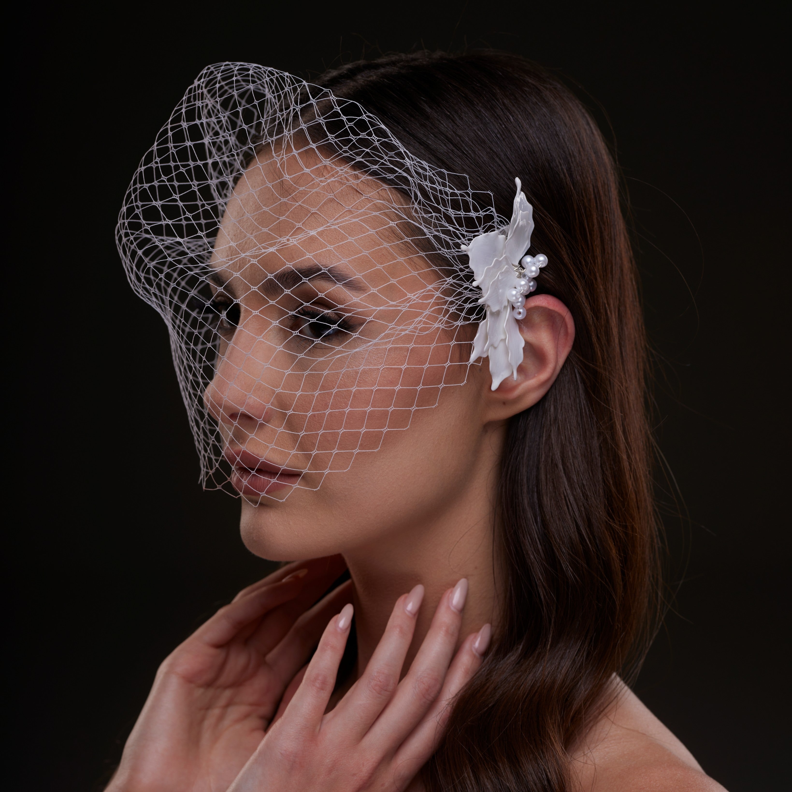 Bridal Birdcage Veil with Pearl & Leaf Side Comb by Bridal Port