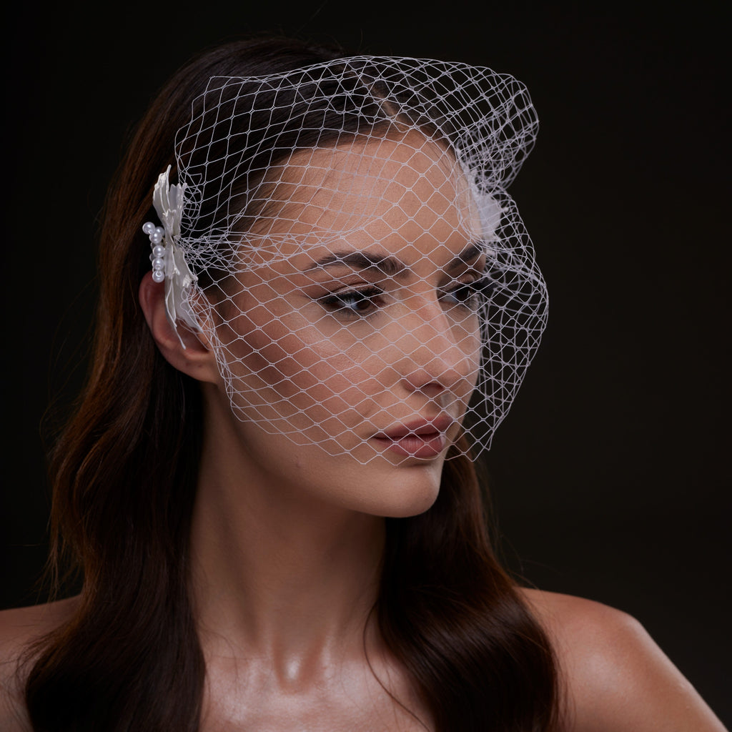 Bridal Birdcage Veil with Pearl & Leaf Side Comb by Bridal Port