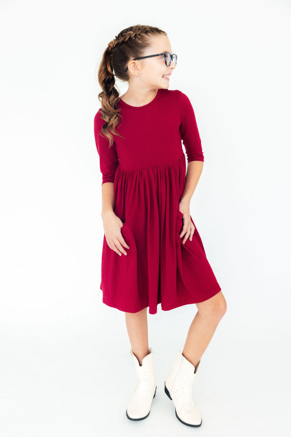 Burgundy 3/4 Sleeve Pocket Twirl Dress by Mila & Rose ®