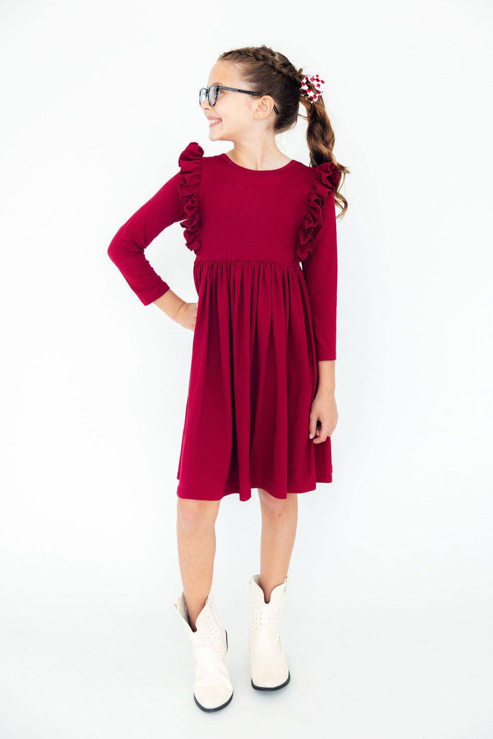 Burgundy L/S Ruffle Twirl Dress by Mila & Rose ®
