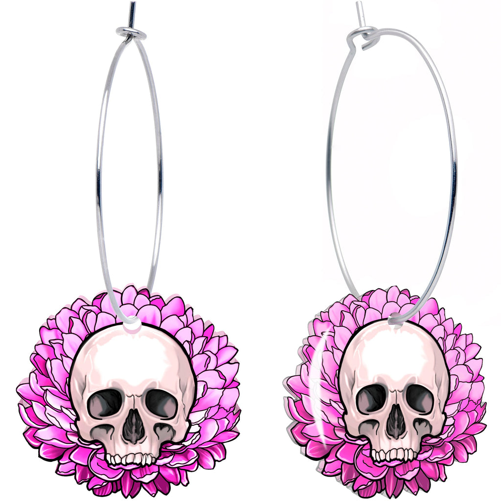 Blooming Pink Flower Skull Hoop Earrings by Onyx O by BodyCandy